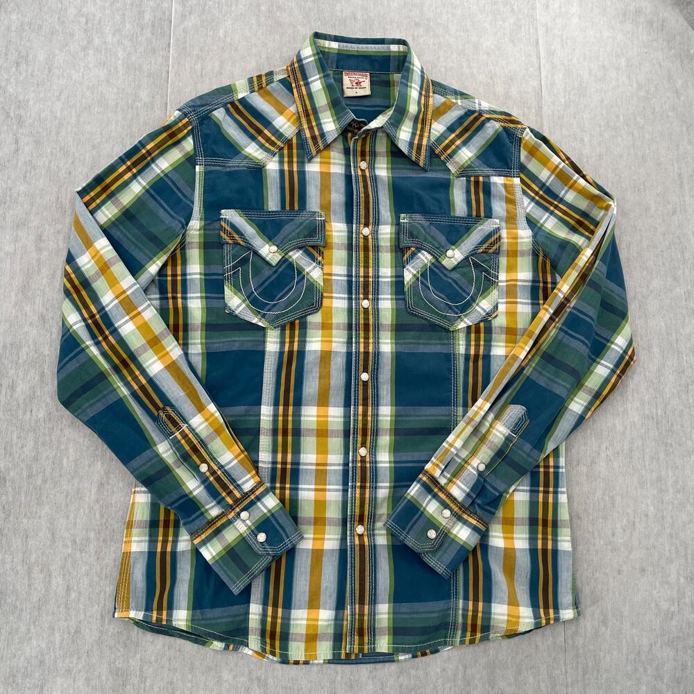 True Religion Shirt Adult Large Blue Plaid Western Pearl Snap Long Sleeve Mens L